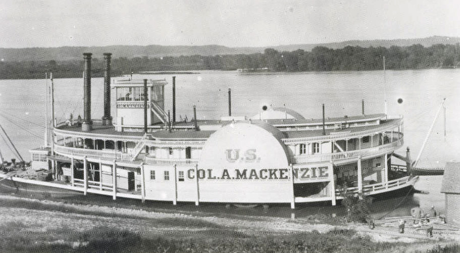 side view of a large old-fashioned steamboat